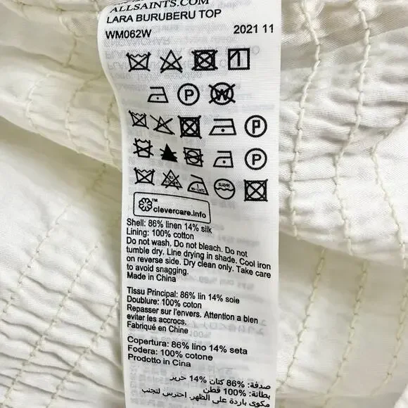 All Saints Women’s Lara Off The Shoulder Smocked Top Size 8 White Linen Silk - Picture 11 of 13